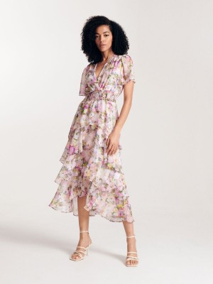 Reserved Chiffon dress with flounce Ivory | LSXF29143