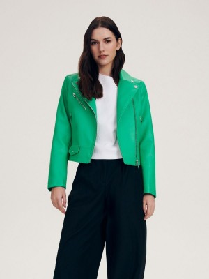 Reserved Faux leather biker jacket Yeşil | JFAQ57048
