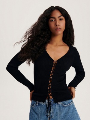 Reserved Jersey blouse with tie detail Siyah | UBLO38675