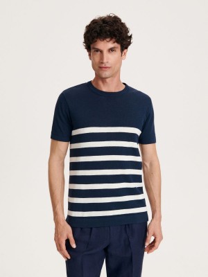 Reserved Linen blend T-shirt Lacivert | BHMK71524