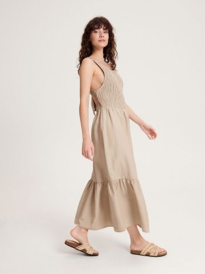 Reserved Maxi dress with gathering Bej Rengi | KVJP90785