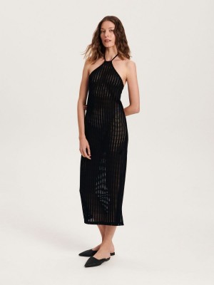 Reserved Openwork knit dress Siyah | VKUB94736