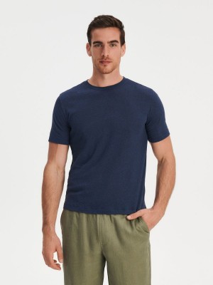 Reserved PREMIUM linen blend T-shirt Mavi | UBIH83457