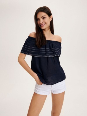 Reserved Pamuklu rich blouse with linen blend Lacivert | TVQO97108