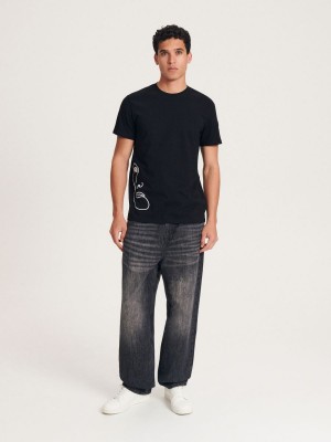 Reserved Regular fit T-shirt with embroidery Siyah | ZPML93086