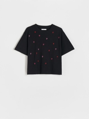 Reserved Regular fit T-shirt with embroidery Siyah | IXKV74369