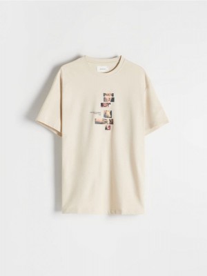 Reserved Regular fit T-shirt with print Bej Rengi | HTGR20895