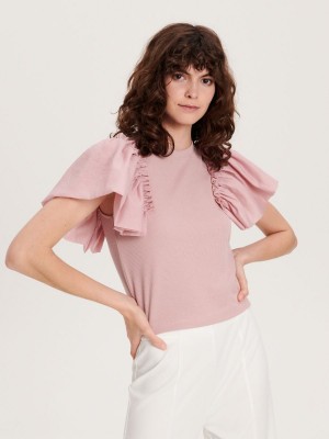 Reserved Slim fit T-shirt with decorative sleeves Pembe | QGFA21634