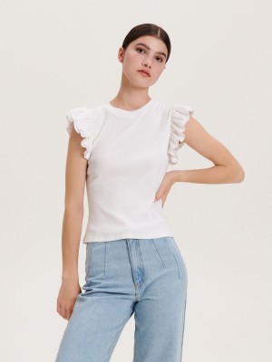 Reserved Slim fit T-shirt with ruffle details Beyaz | BQUK28063