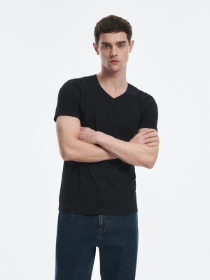 Reserved Slim fit V-neck T-shirt Siyah | YQAB73091