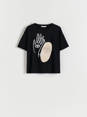 Reserved T-shirt with appliqué Siyah | HYGD20413