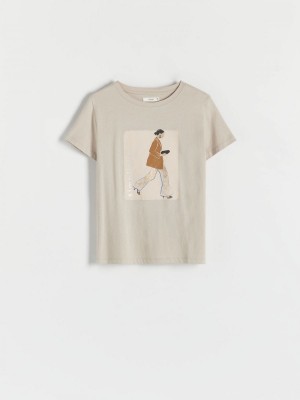Reserved T-shirt with print Bej Rengi | VBHQ32957