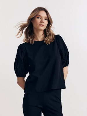 Reserved T-shirt with puff sleeves Siyah | YJFD63159