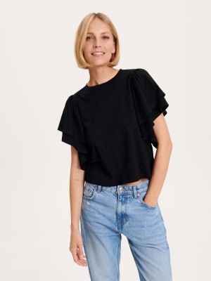 Reserved T-shirt with ruffle Siyah | NXPB76854