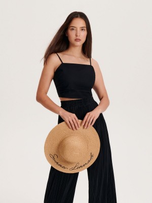 Reserved Woven hat with slogan Bej Rengi | PXUF27164